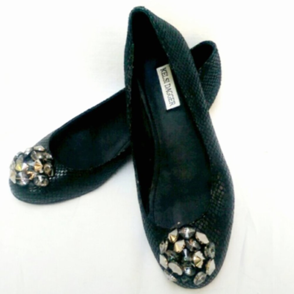 Kelsi Dagger Rhinestone Embellished Black Flats- 8
